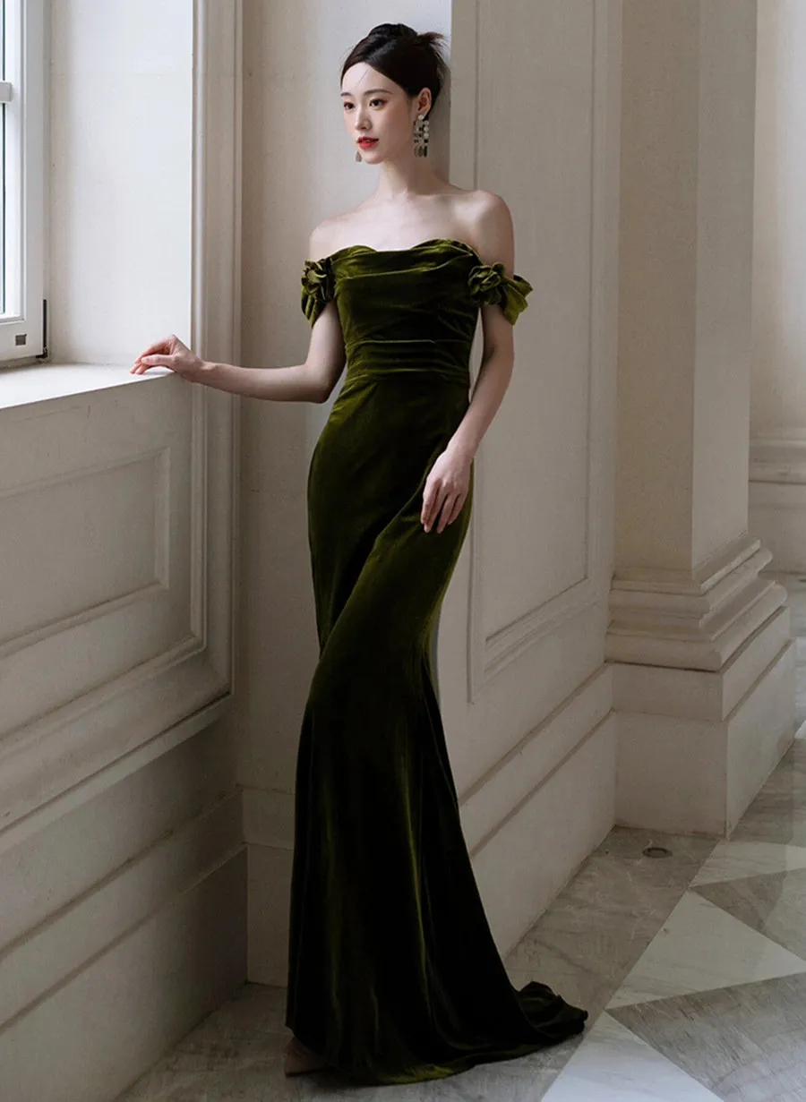 Dark Green Mermaid Velvet Off Shoulder Party Dress, Dark Green Prom Dress