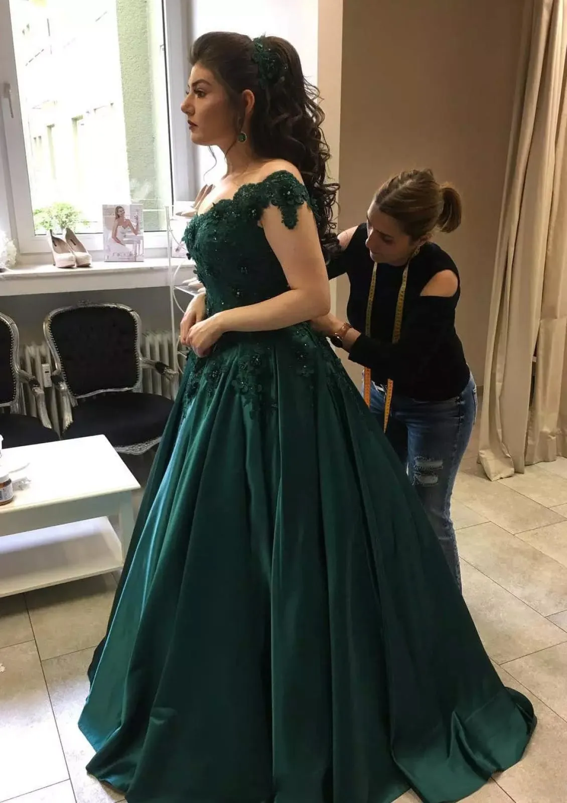 Dark Green Satin Sweep Ball Gown Off Shoulder Prom Dress, Lace Beading