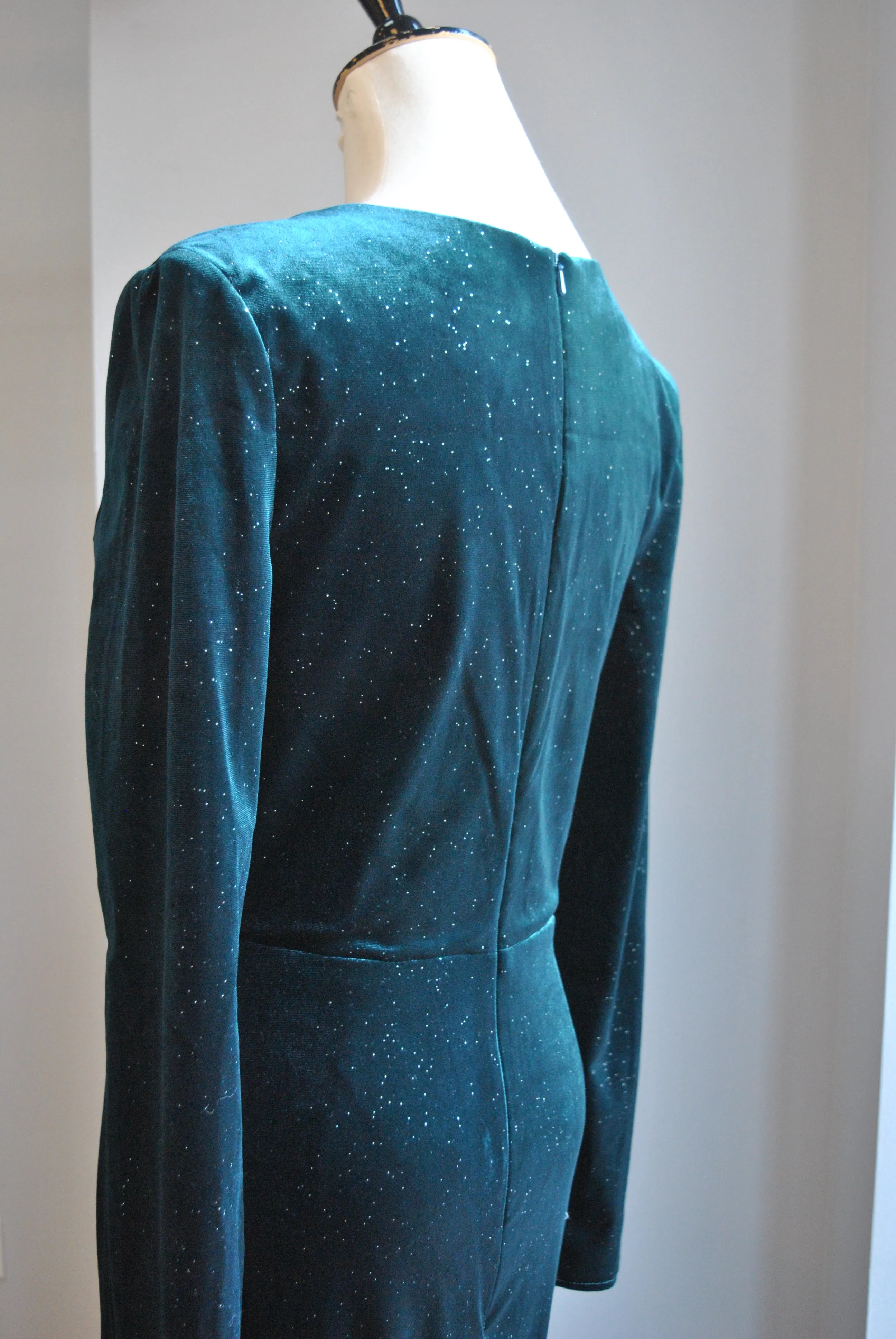 DARK GREEN / TEAL VELVER LONG GOWN WITH LONG SLEEVES AND SIDE CUT