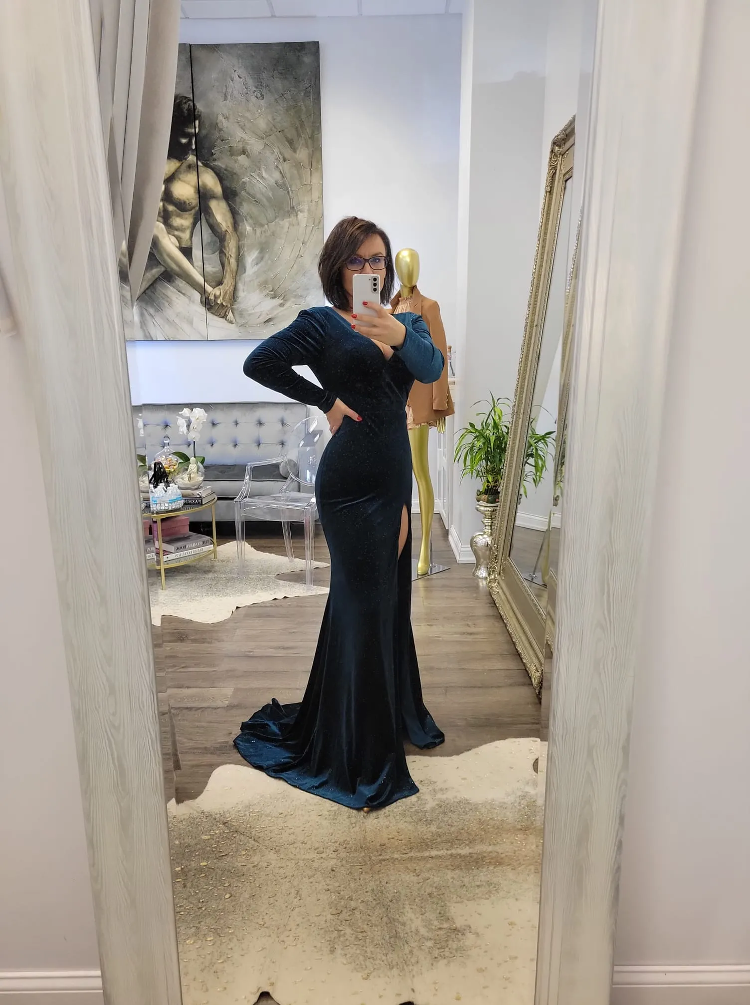 DARK GREEN / TEAL VELVER LONG GOWN WITH LONG SLEEVES AND SIDE CUT