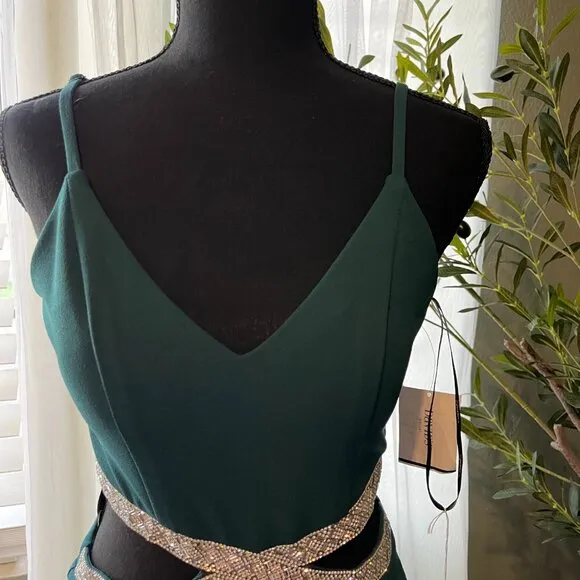 David's Bridal Hunter Green Sequined Waist Cutout Gown