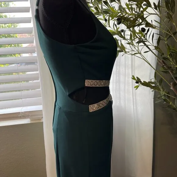 David's Bridal Hunter Green Sequined Waist Cutout Gown
