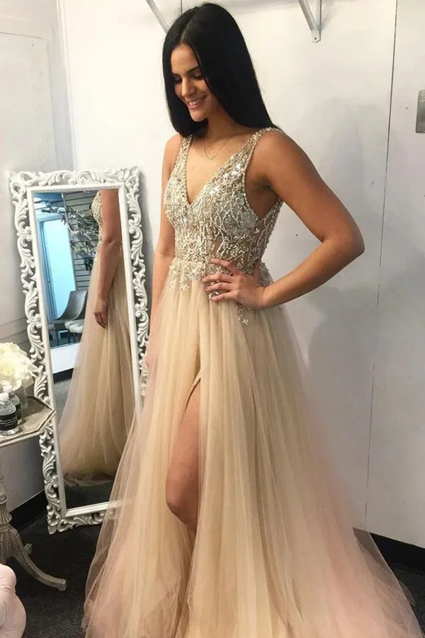 Deep V-Neck Beading Tulle Long Prom Dress,Simple Split Evening Dress,MP477