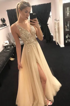 Deep V-Neck Beading Tulle Long Prom Dress,Simple Split Evening Dress,MP477