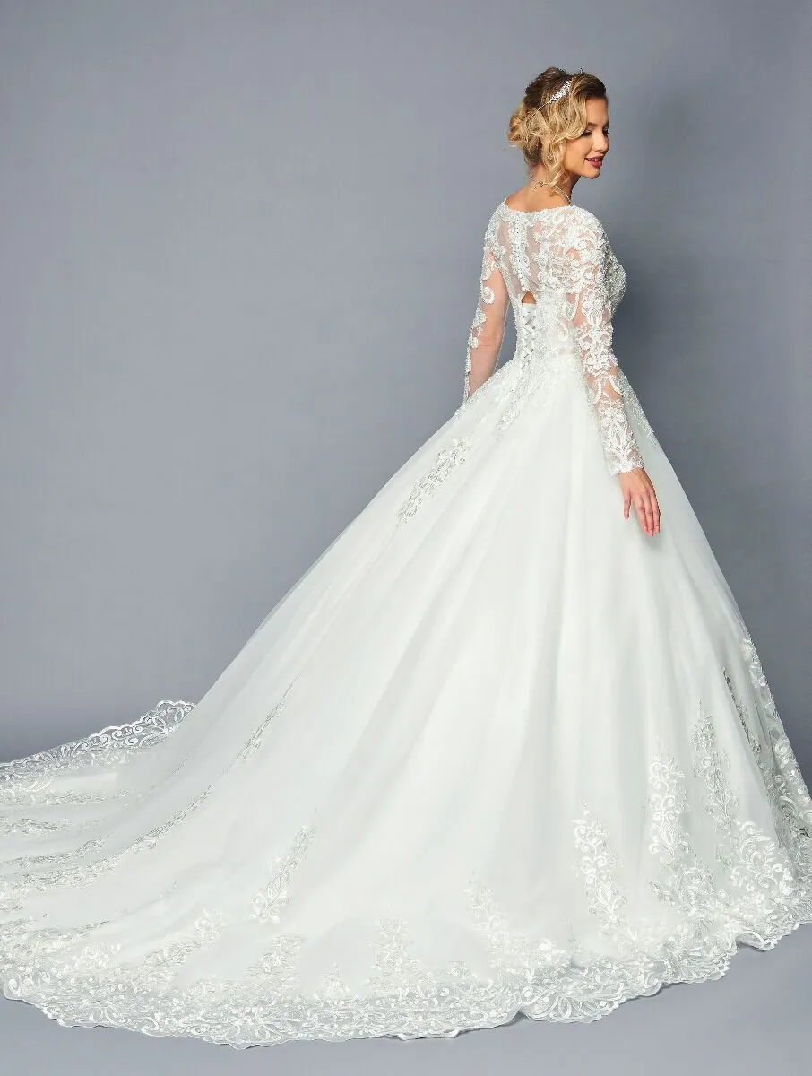 DeKlaire Bridal 476 Floor Length Long Sleeve A-Line V-Neck Wedding Ballgown