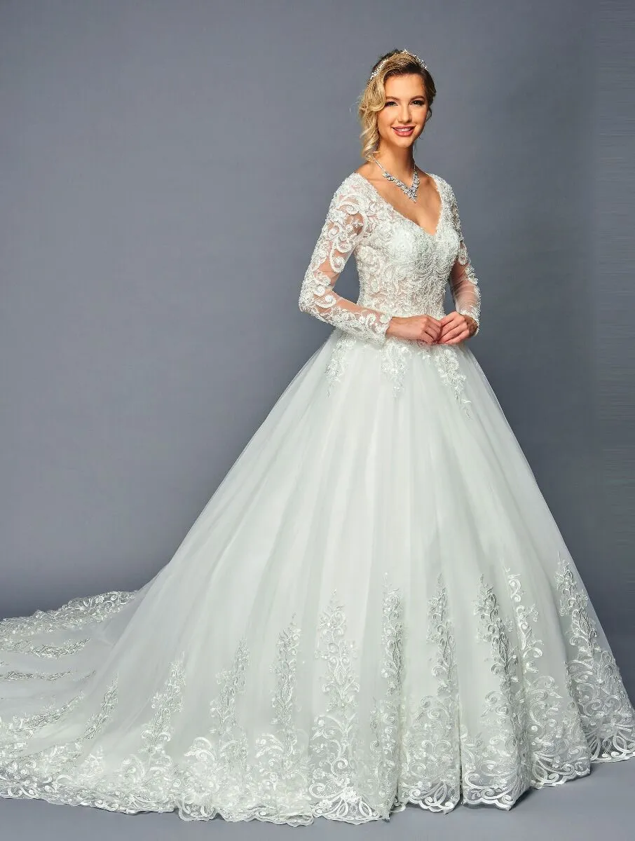DeKlaire Bridal 476 Floor Length Long Sleeve A-Line V-Neck Wedding Ballgown