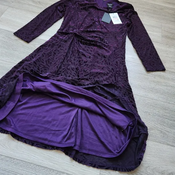 DKNY Purple Velvet Knotted Dress Womens 10 Graphic Long Sleeve Nwt