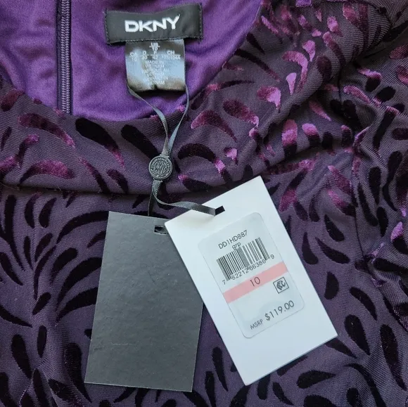 DKNY Purple Velvet Knotted Dress Womens 10 Graphic Long Sleeve Nwt