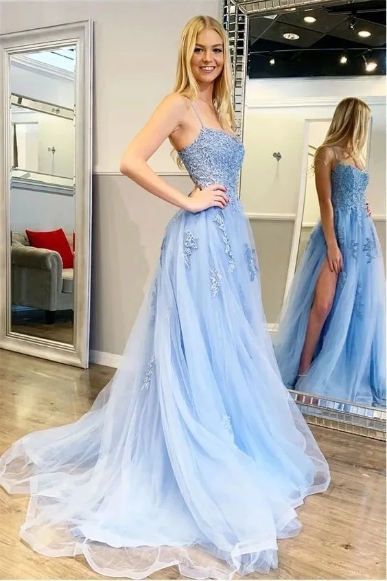 Double Straps Slit Light Blue Prom Dress