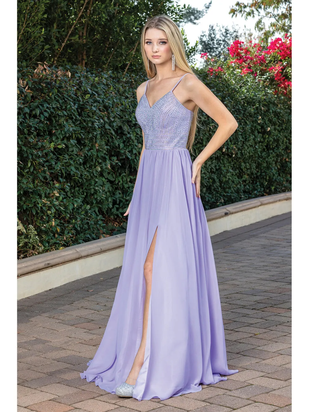 DQ 4277 - Flowy Chiffon A-Line Prom Gown with In-Line V-Neck Bodice & Open Lace Up Spaghetti Strap Corset