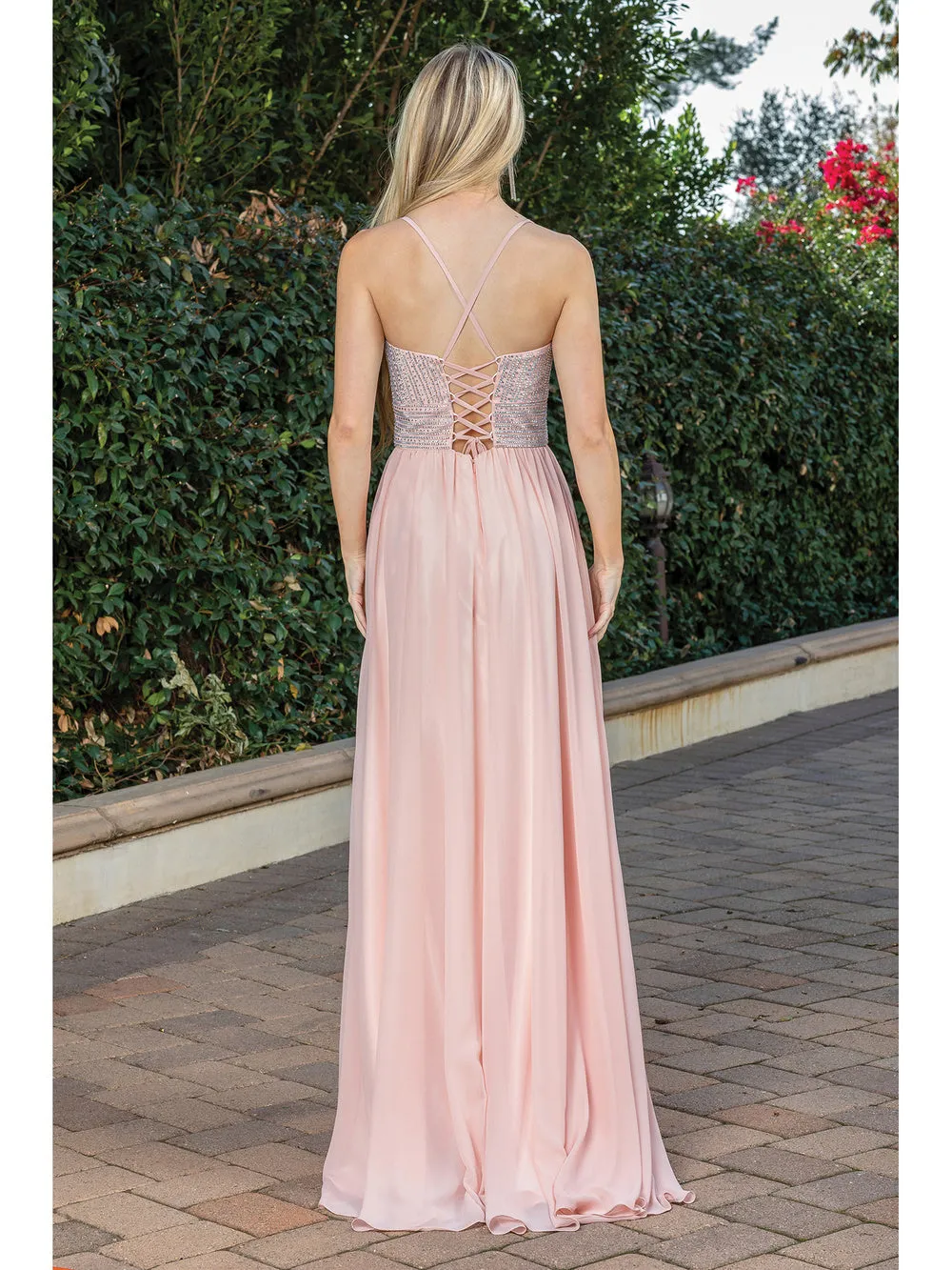 DQ 4277 - Flowy Chiffon A-Line Prom Gown with In-Line V-Neck Bodice & Open Lace Up Spaghetti Strap Corset