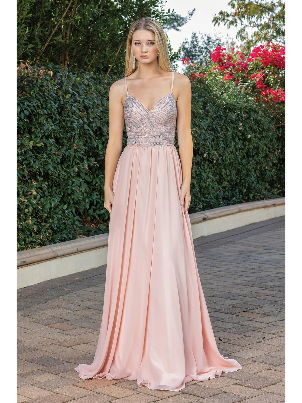 DQ 4277 - Flowy Chiffon A-Line Prom Gown with In-Line V-Neck Bodice & Open Lace Up Spaghetti Strap Corset