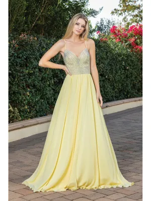 DQ 4277 - Flowy Chiffon A-Line Prom Gown with In-Line V-Neck Bodice & Open Lace Up Spaghetti Strap Corset