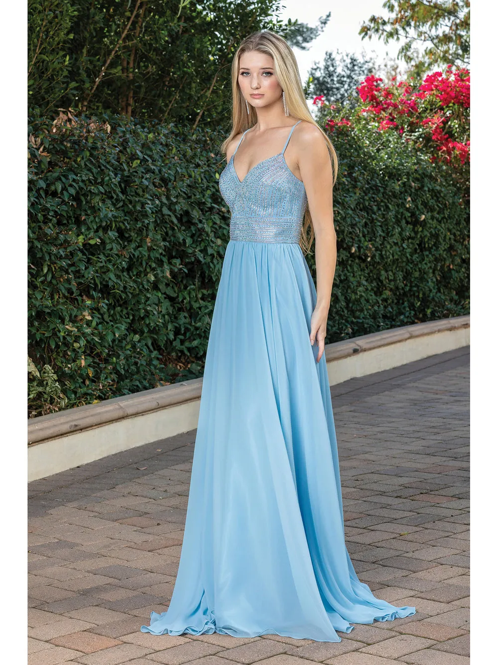 DQ 4277 - Flowy Chiffon A-Line Prom Gown with In-Line V-Neck Bodice & Open Lace Up Spaghetti Strap Corset