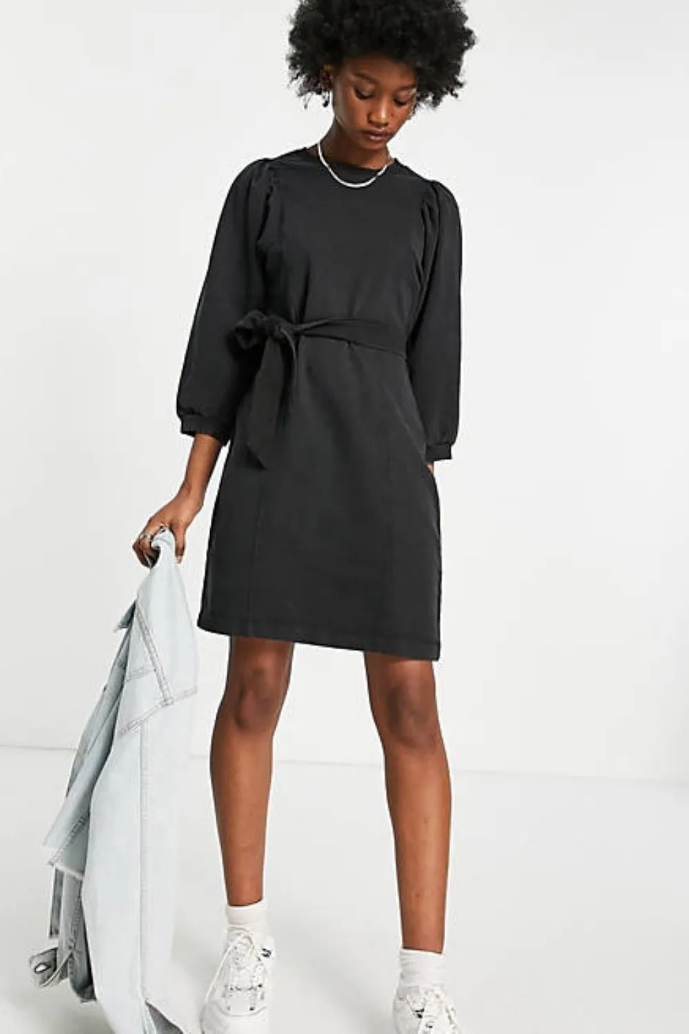 Dress With Puff Sleeve In Washed Black