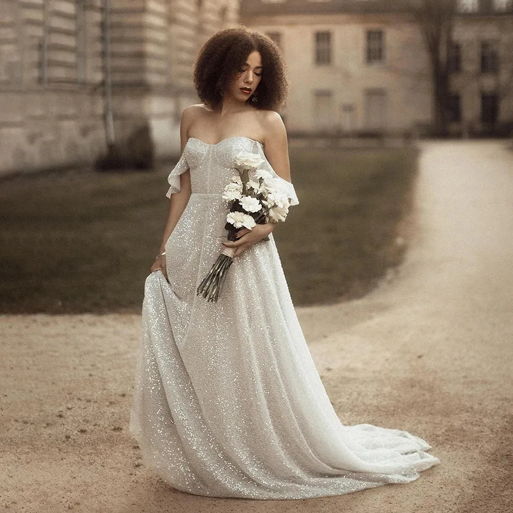 Drop Flare Sleeves Shining A Line Wedding Dress Customized Low Cut Luxury Plus Size Sweetheart Bling Beach Simple Bridal Gowns