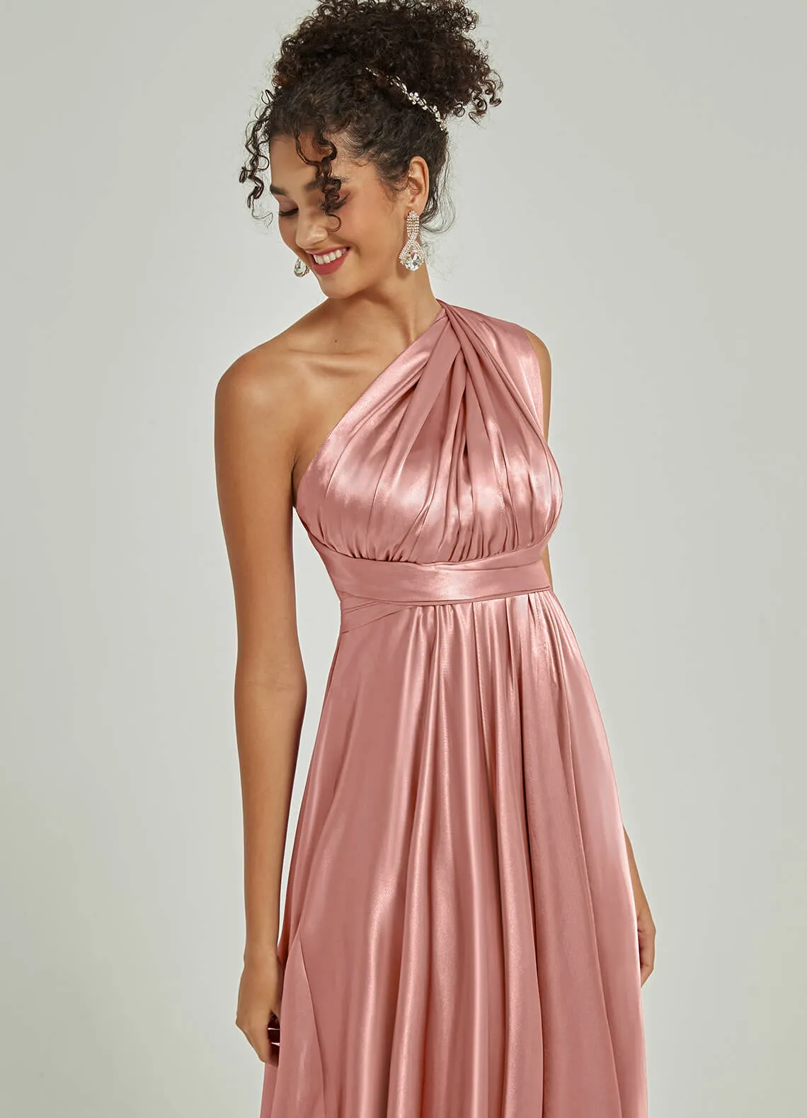 Dusty Pink Satin Convertible Bridesmaid Dress Multi Ways Wrap A-Line Gowns