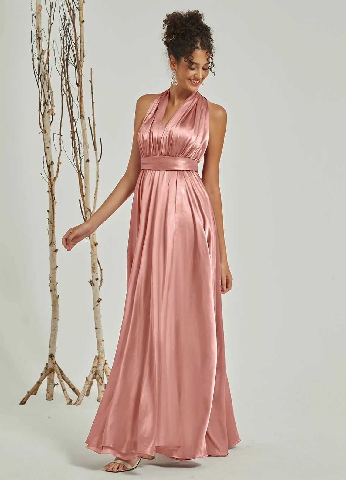 Dusty Pink Satin Convertible Bridesmaid Dress Multi Ways Wrap A-Line Gowns
