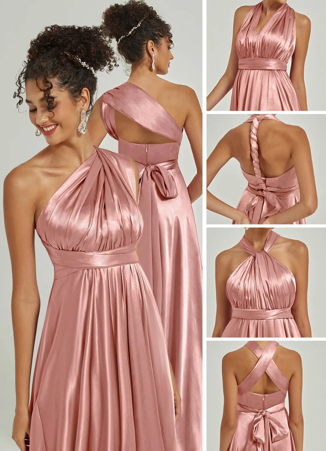 Dusty Pink Satin Convertible Bridesmaid Dress Multi Ways Wrap A-Line Gowns