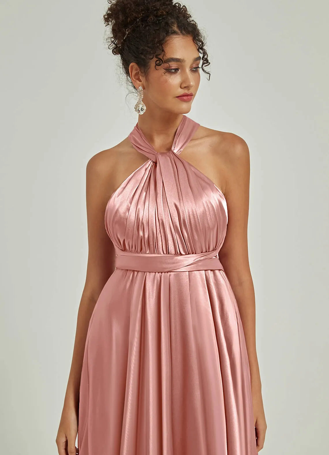 Dusty Pink Satin Convertible Bridesmaid Dress Multi Ways Wrap A-Line Gowns