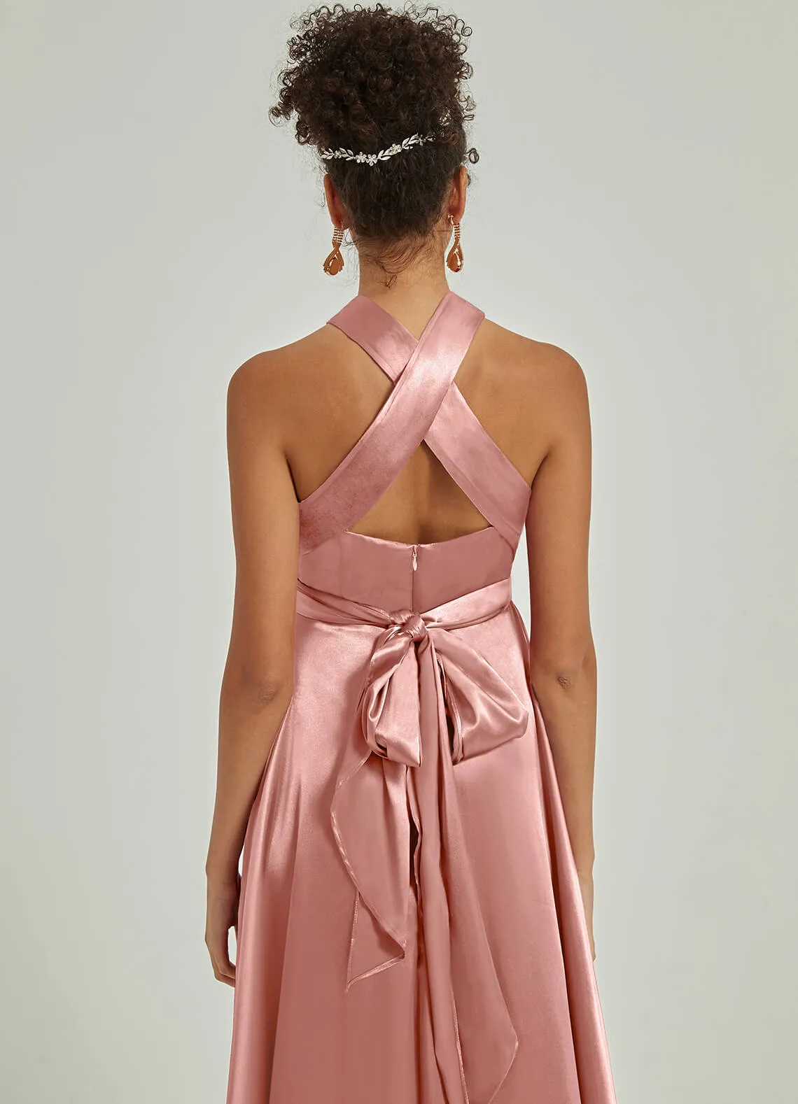 Dusty Pink Satin Convertible Bridesmaid Dress Multi Ways Wrap A-Line Gowns