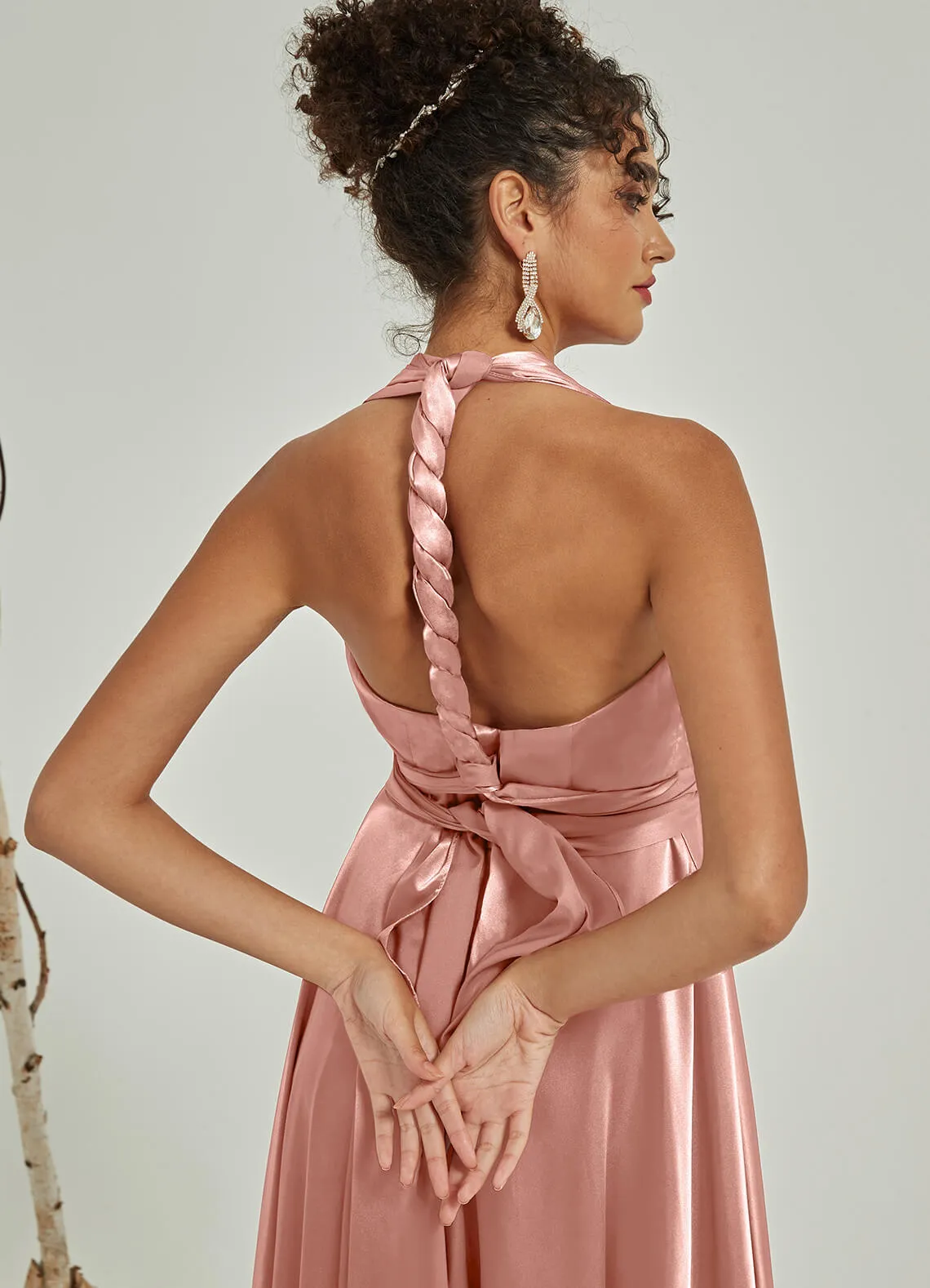 Dusty Pink Satin Convertible Bridesmaid Dress Multi Ways Wrap A-Line Gowns