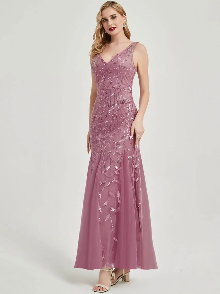 Dusty Rose V-Neck Sleeveless Floor Length Sequin Evening Party Dress