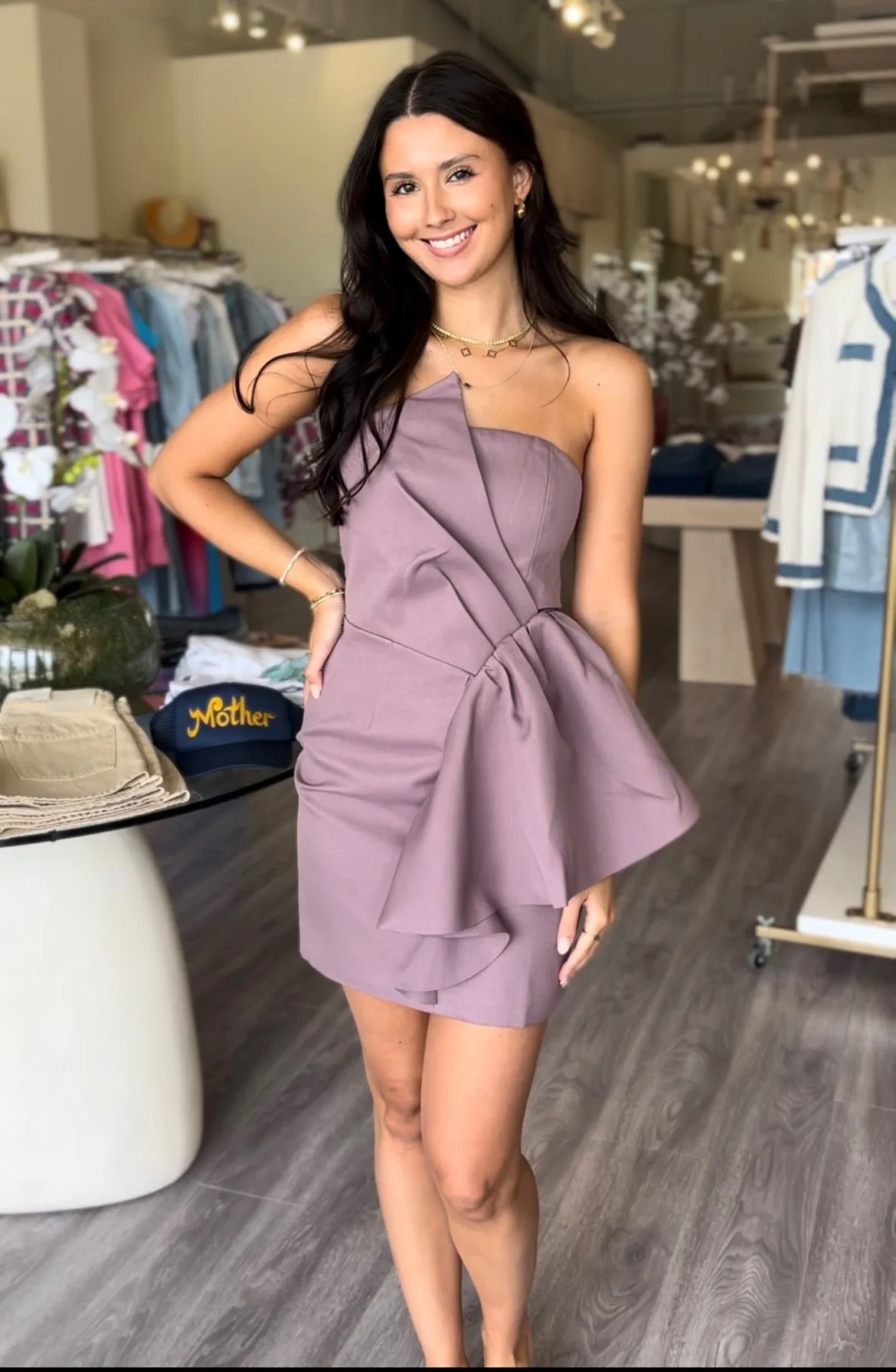 EL2207 strapless mauve mini w ruffle