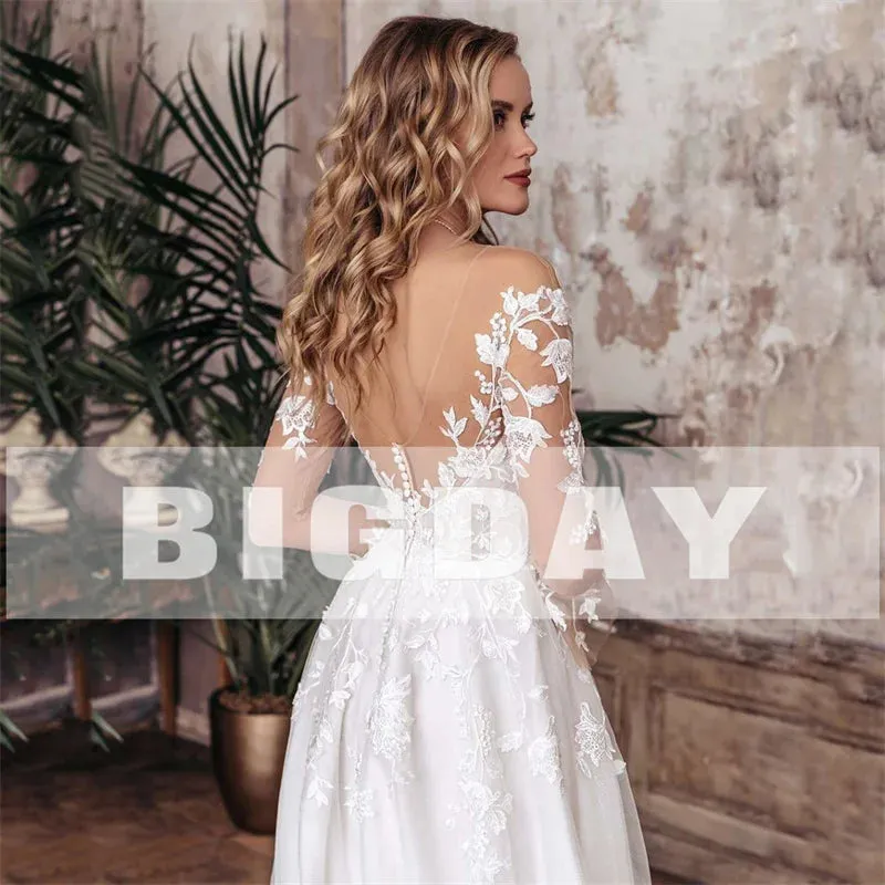 Elegant A-Line Wedding Dress Women Open Back V-Neck Lace Long Sleeve