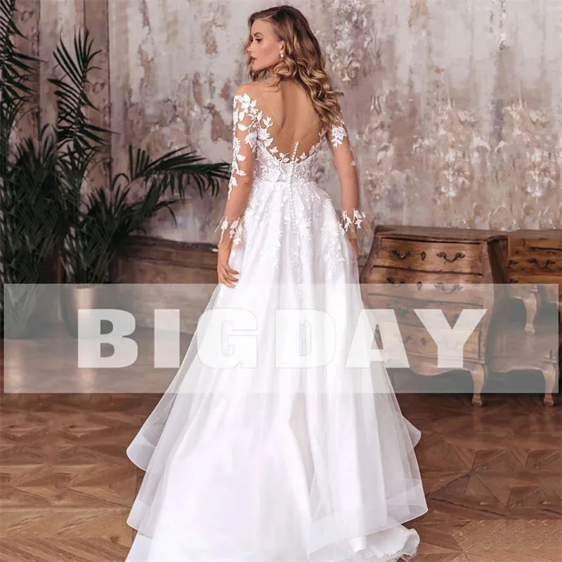 Elegant A-Line Wedding Dress Women Open Back V-Neck Lace Long Sleeve