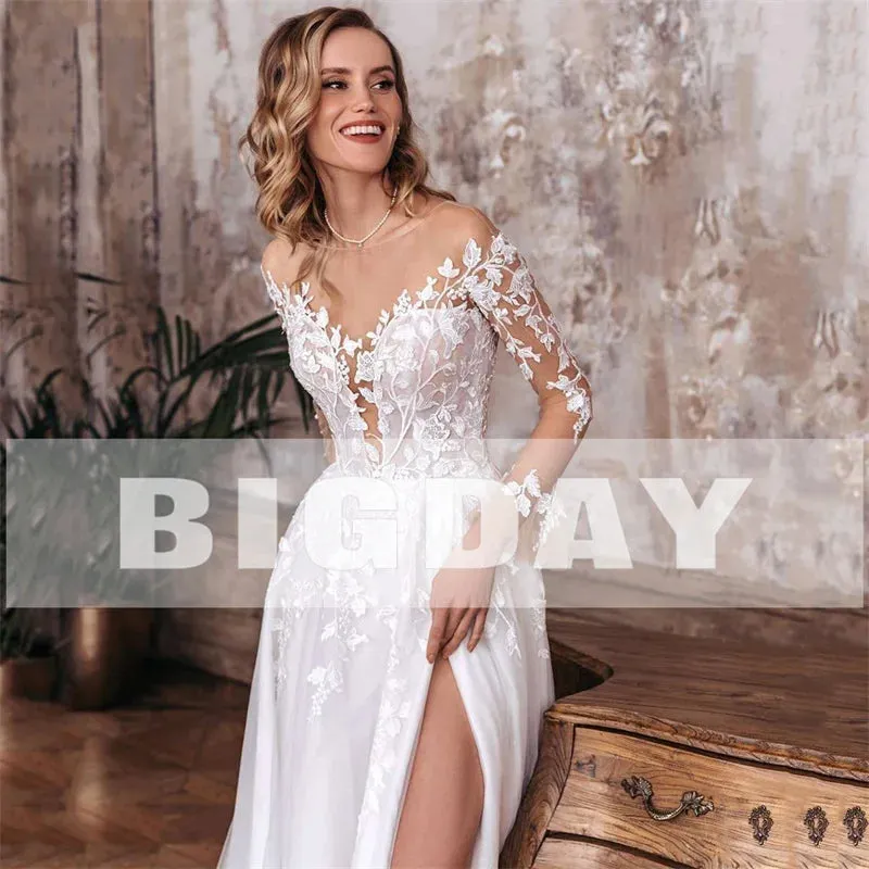 Elegant A-Line Wedding Dress Women Open Back V-Neck Lace Long Sleeve