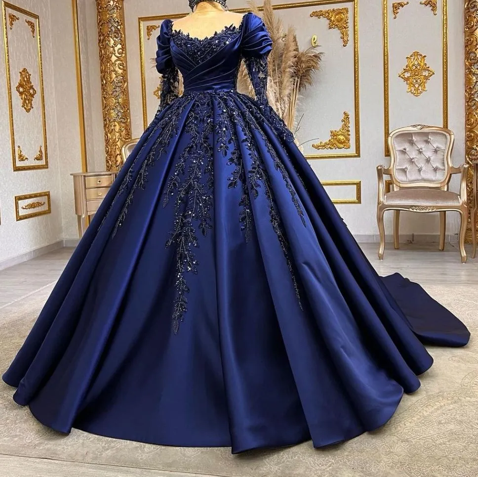 Elegant Navy Blue O-Neck Sequined Appliques Long Sleeves Quinceanera Evening Dress Ball Gown Floor Length Princess Prom Dress      fg6858