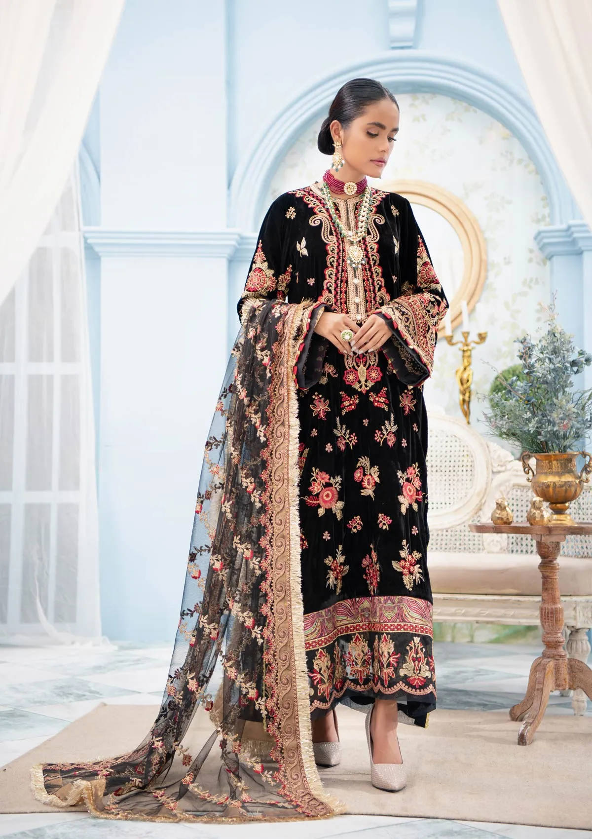 Elegant Party Dress Pakistani in Black Velvet #PF266
