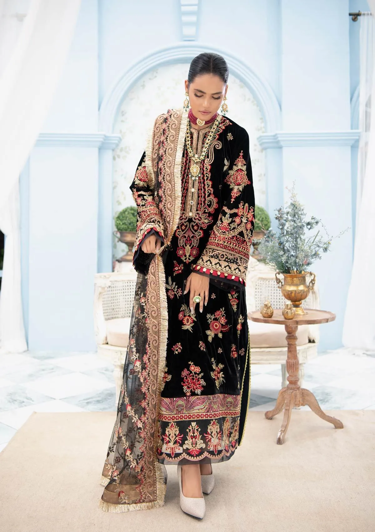 Elegant Party Dress Pakistani in Black Velvet #PF266