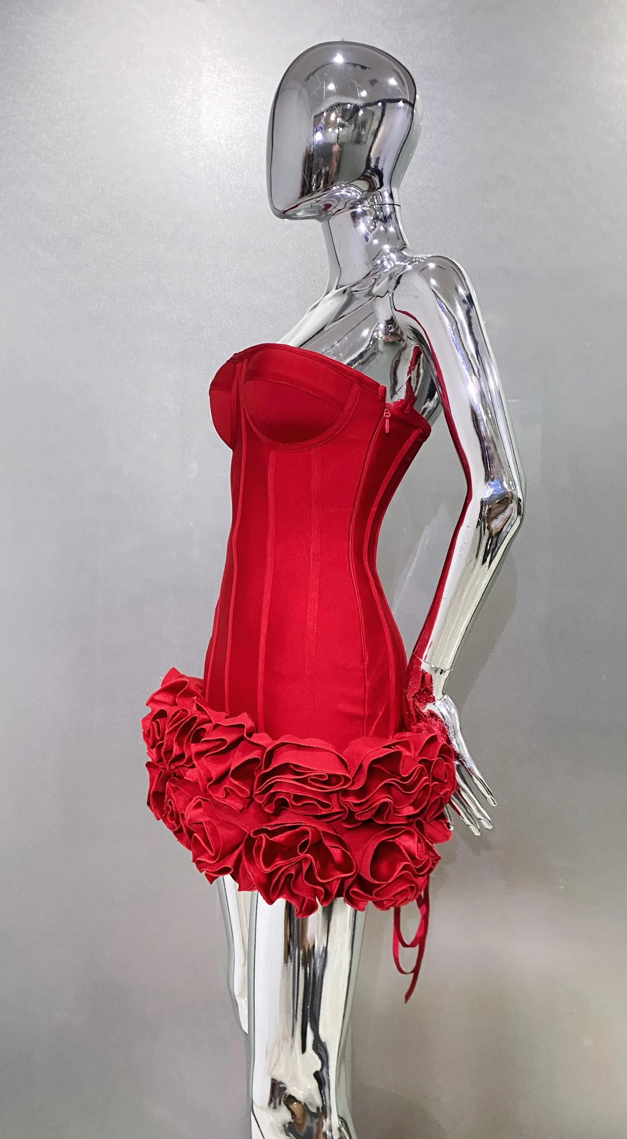 Elegant Red Corset Mini Dress – Strapless Ruffled Evening Party Dress