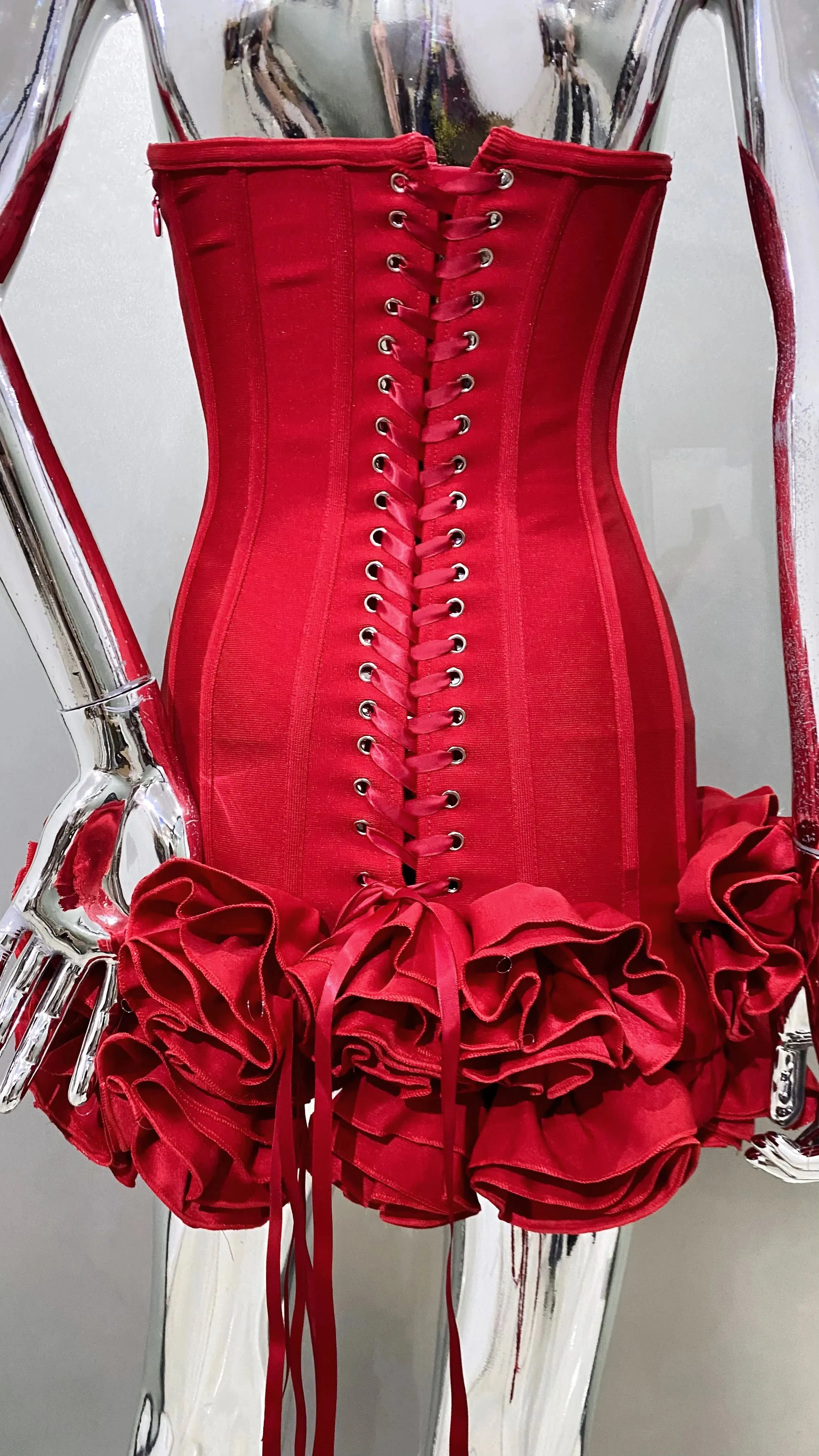 Elegant Red Corset Mini Dress – Strapless Ruffled Evening Party Dress