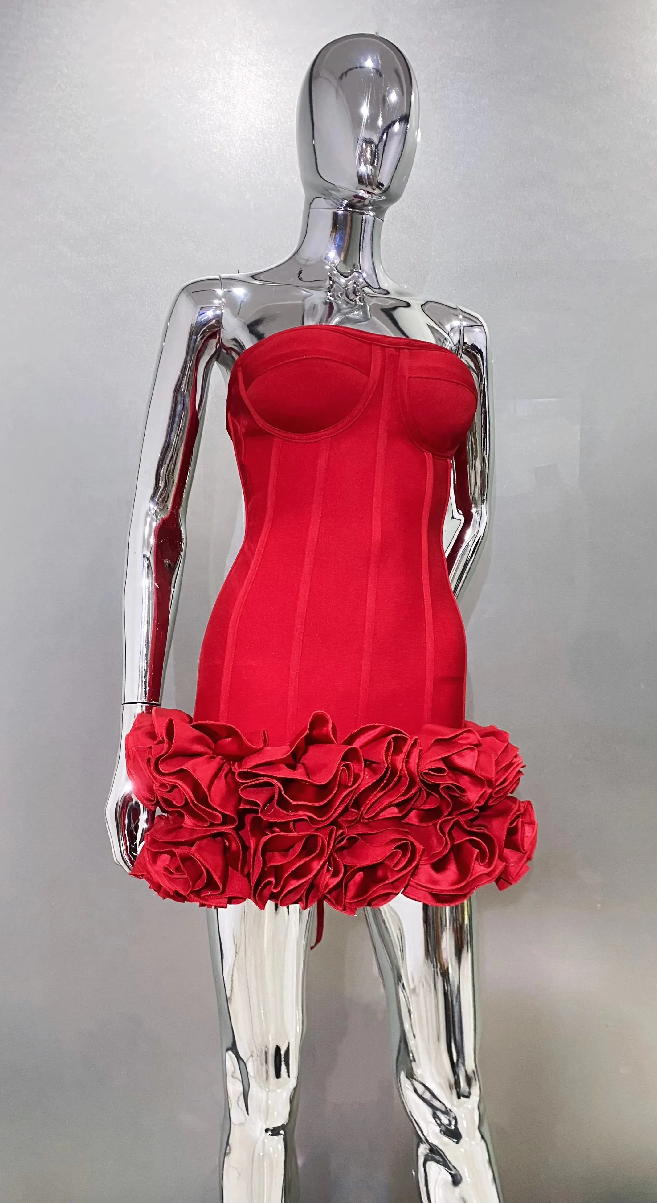 Elegant Red Corset Mini Dress – Strapless Ruffled Evening Party Dress