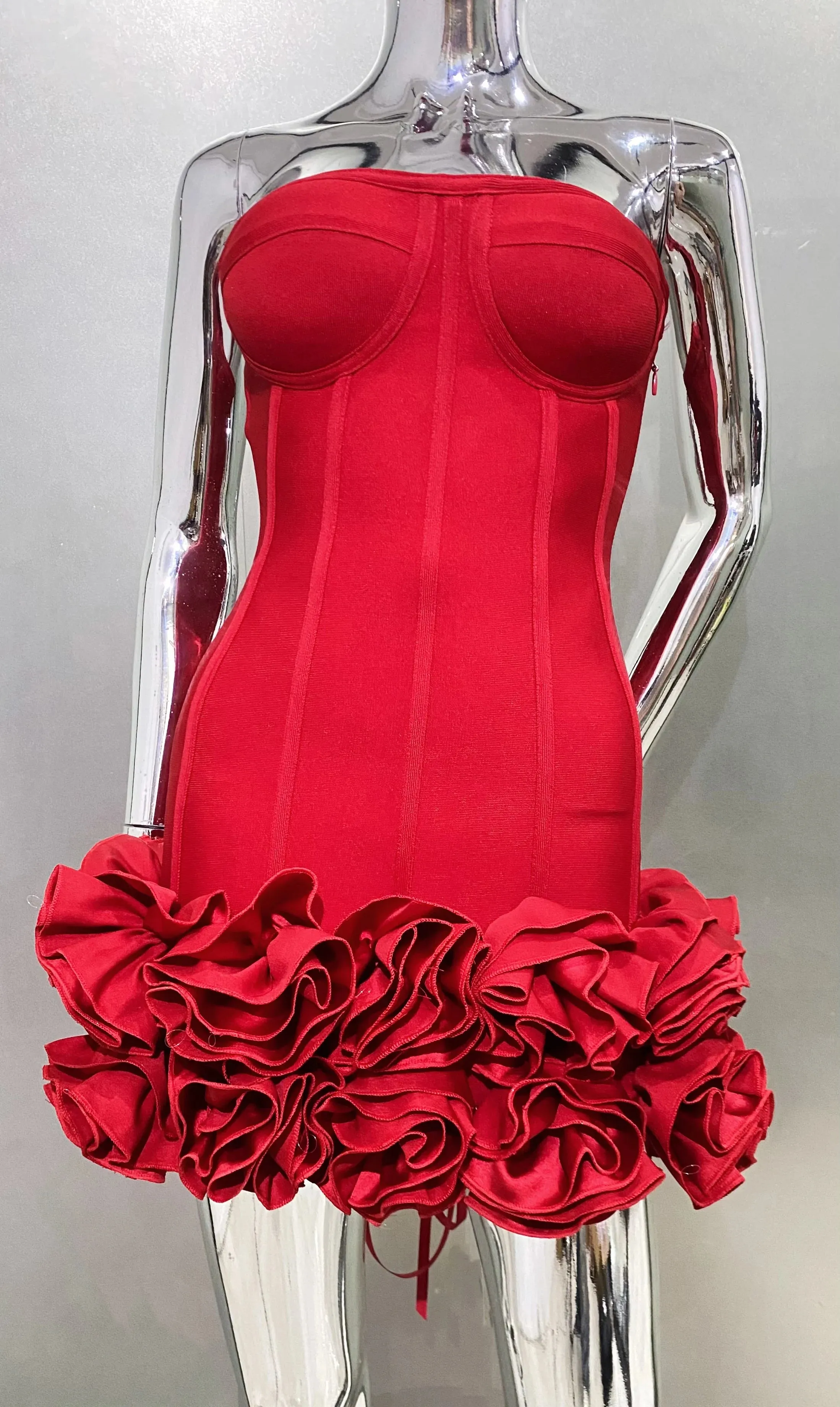 Elegant Red Corset Mini Dress – Strapless Ruffled Evening Party Dress