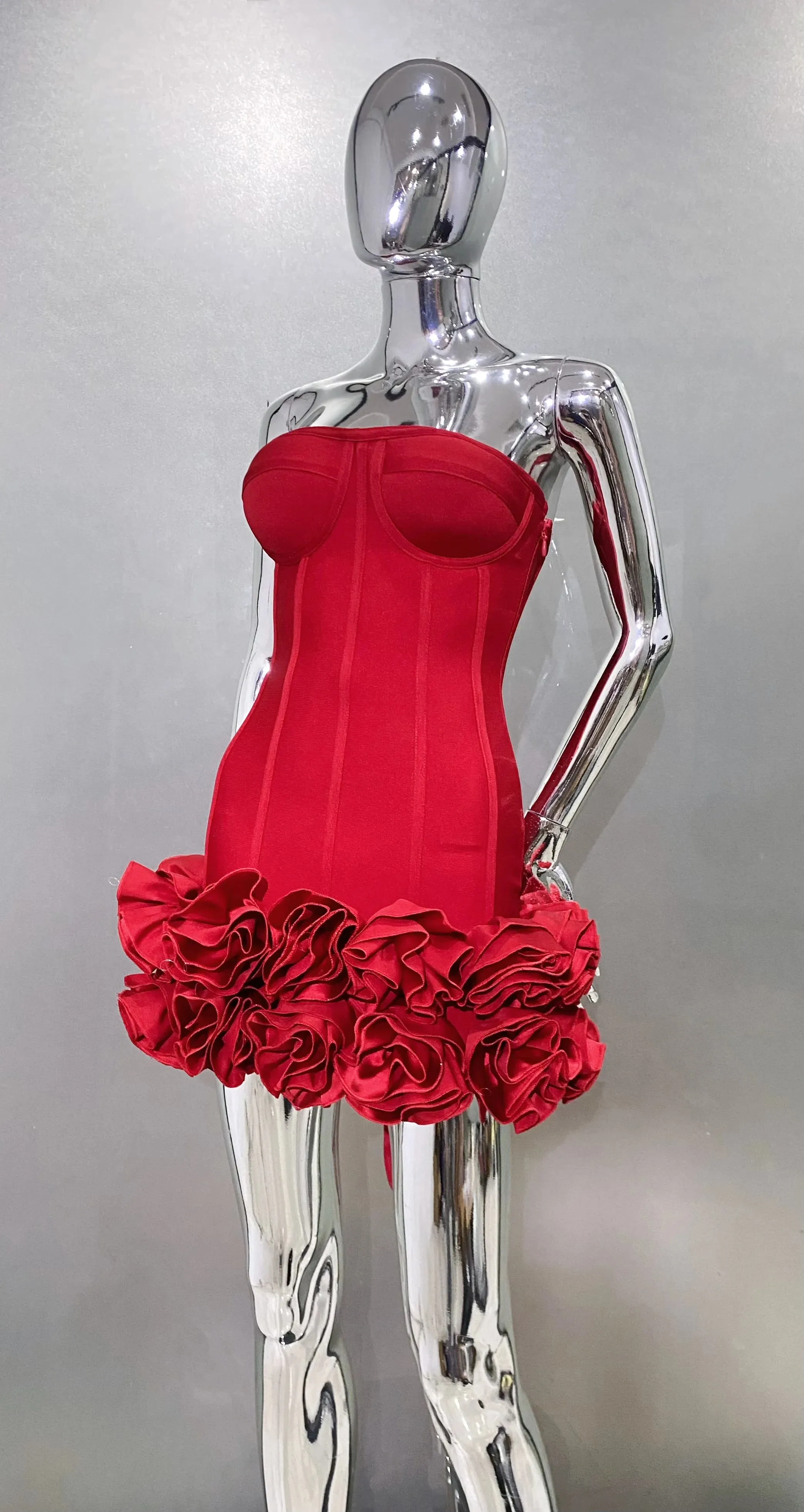Elegant Red Corset Mini Dress – Strapless Ruffled Evening Party Dress