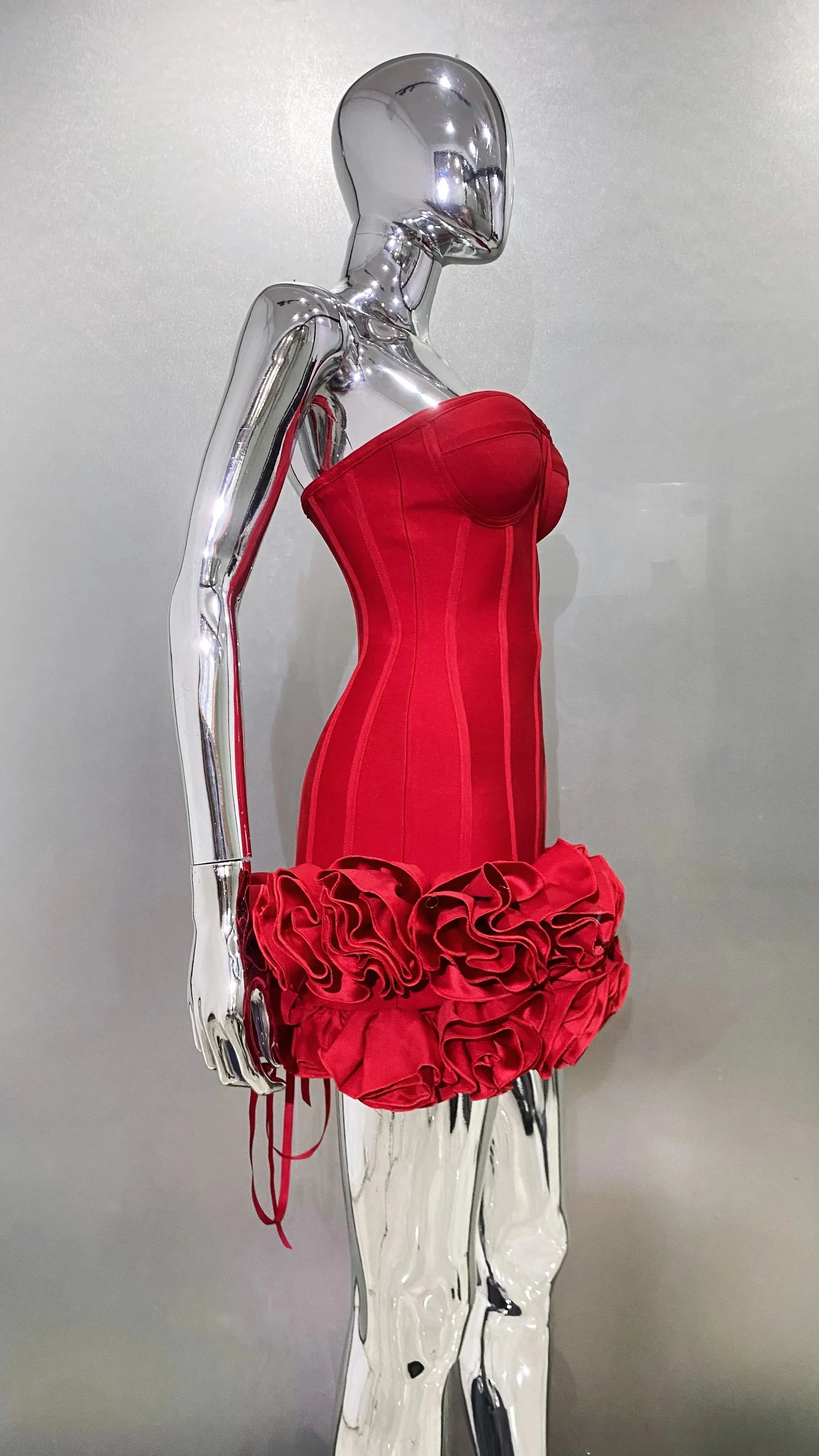 Elegant Red Corset Mini Dress – Strapless Ruffled Evening Party Dress