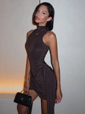 Elegant Ruched High-Neck Mini Dress Irregular Hem with Draped Sash