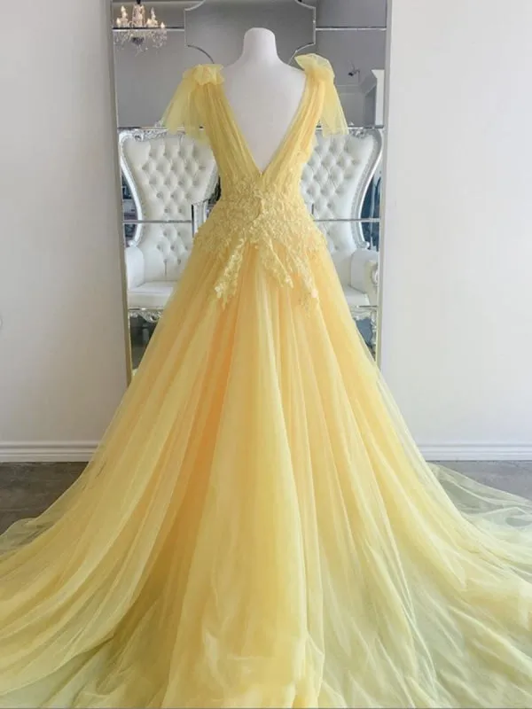 Elegant V Neck and V Back Yellow Lace Long Prom, Yellow Lace Formal Graduation Evening