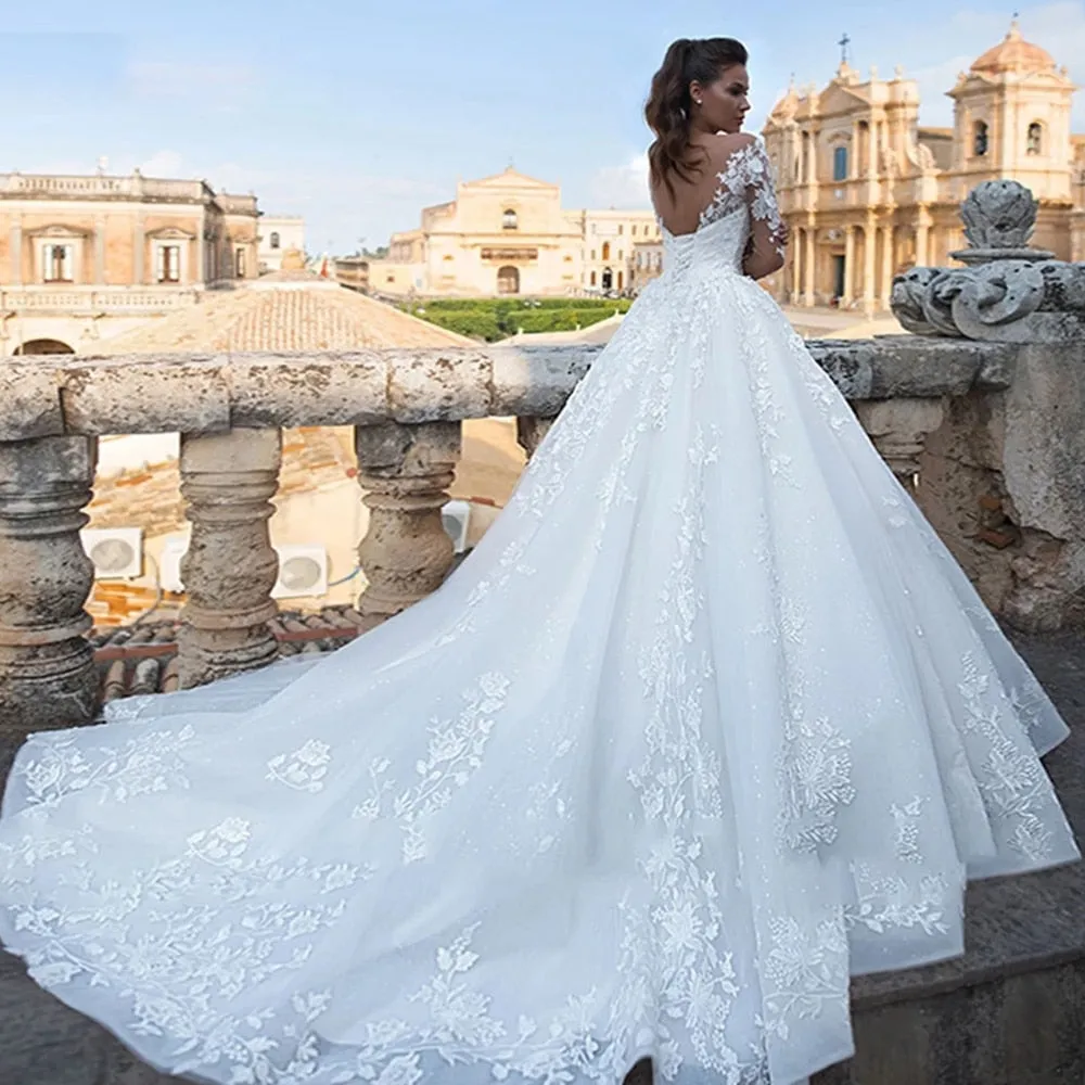 Elegant Wedding Dresses Illusion Long Sleeve White Ivory Applique Lace