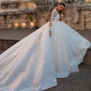 Elegant Wedding Dresses Illusion Long Sleeve White Ivory Applique Lace