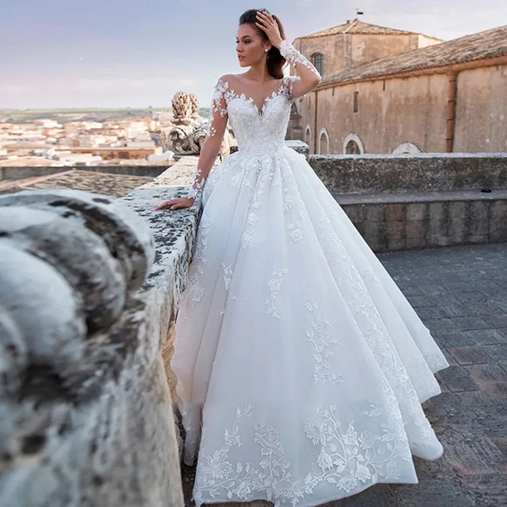 Elegant Wedding Dresses Illusion Long Sleeve White Ivory Applique Lace