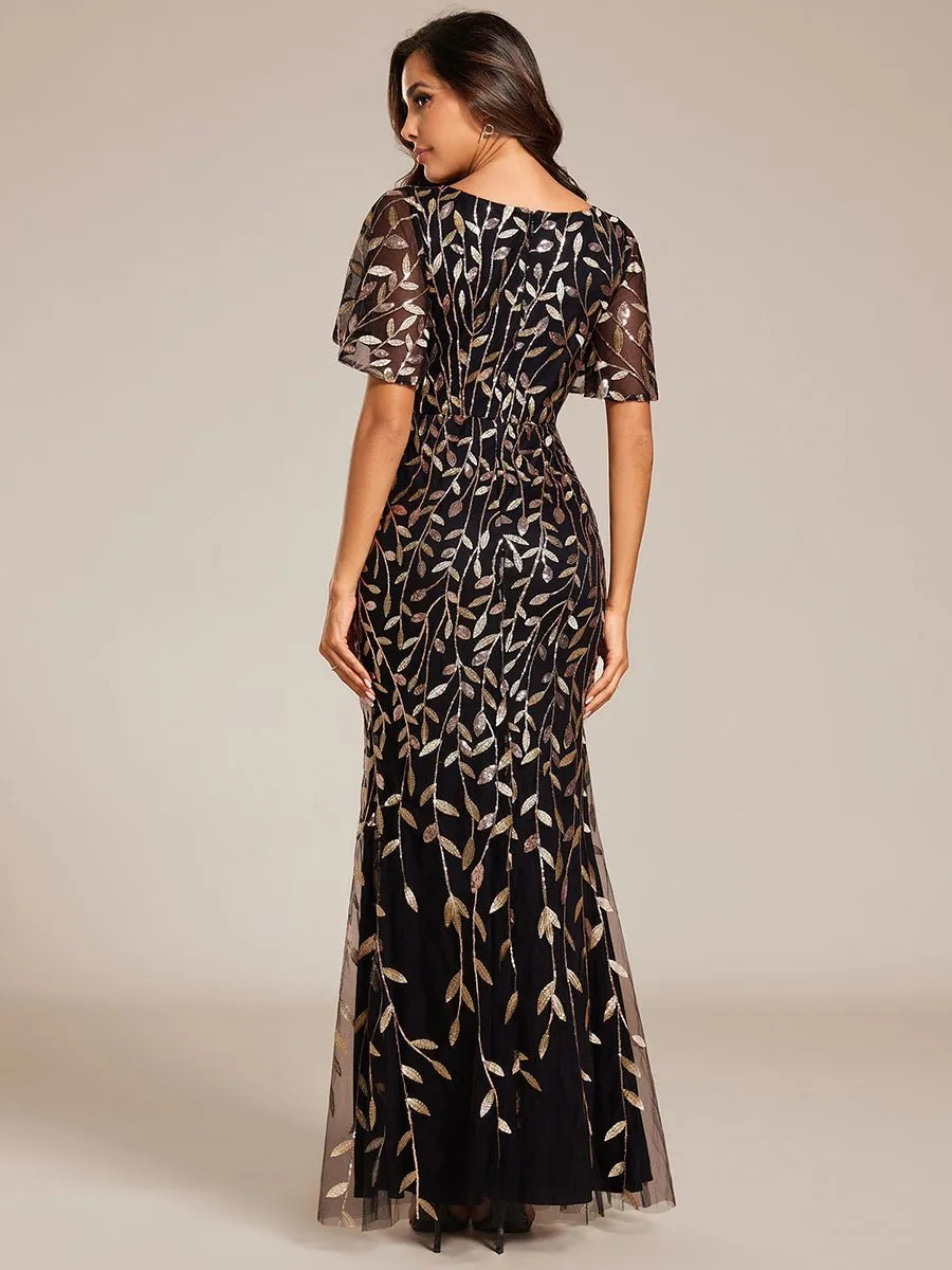 Eliza tulle sleeve black gown with gold leaf patterns Express NZ wide