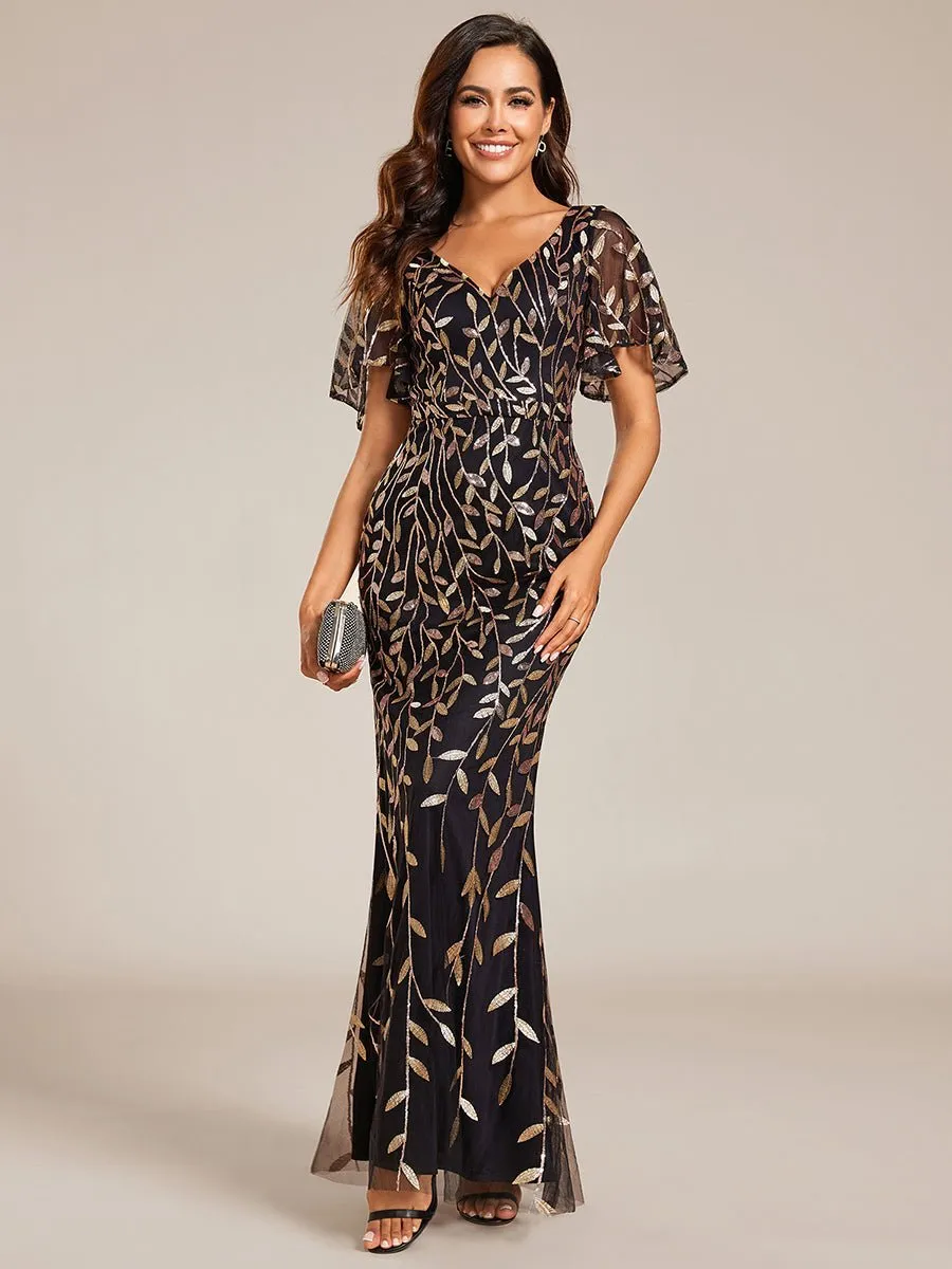 Eliza tulle sleeve black gown with gold leaf patterns Express NZ wide