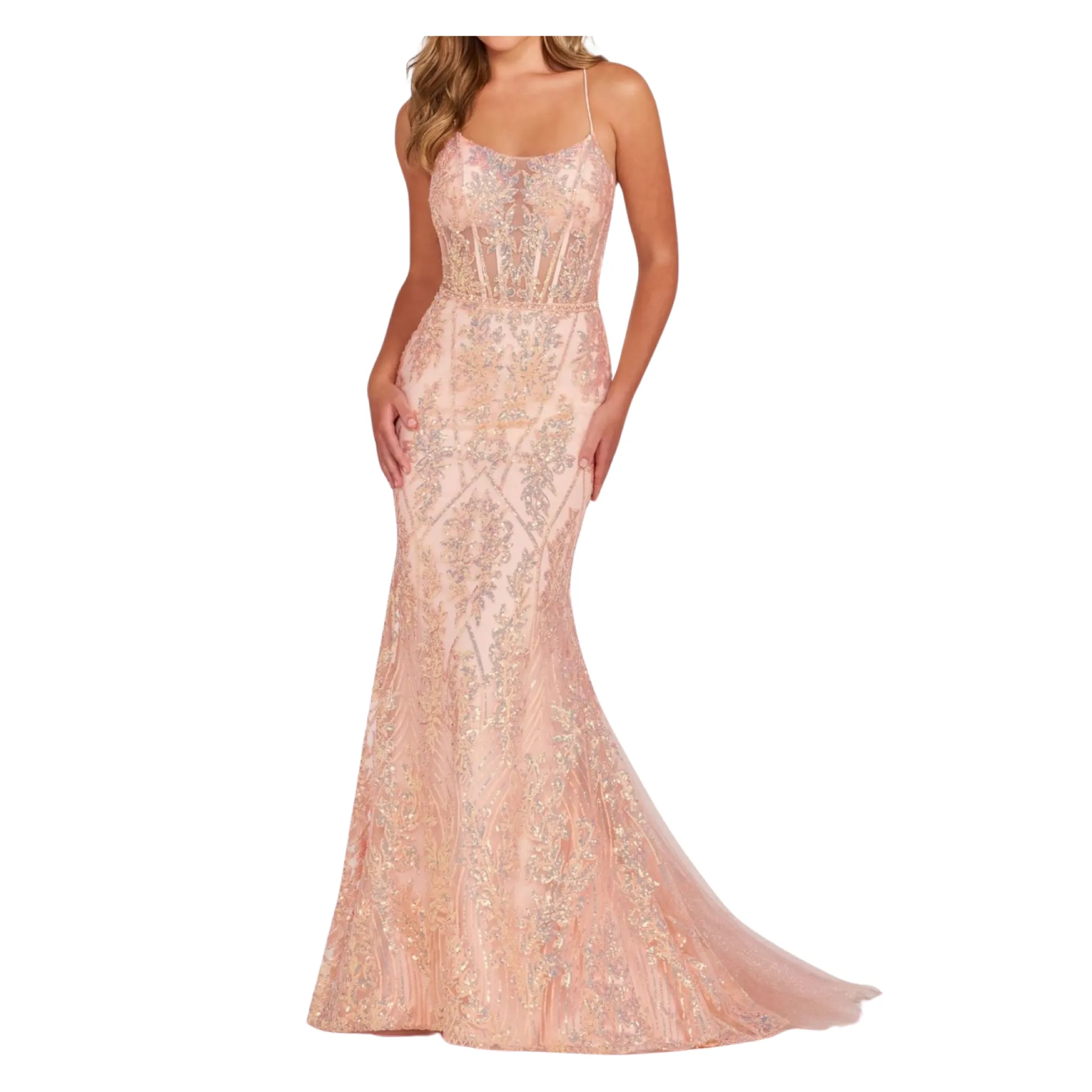 ELLIE WILDE Style EW34023 Long Gown Peach Champagne Size 0