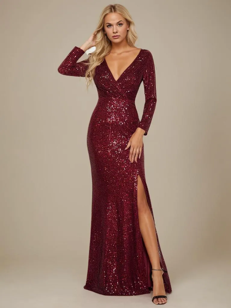 Elvira long sleeve gown with sequins and split in burgundy Express NZ wide