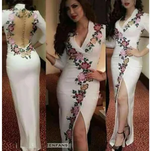embroidery appliqué evening dresses long sleeve mermaid elegant v neck white evening gown 2021